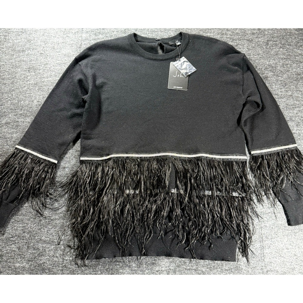 Joh Sally Knitted Pullover Sweater Women Small Black Silver Feather Applique